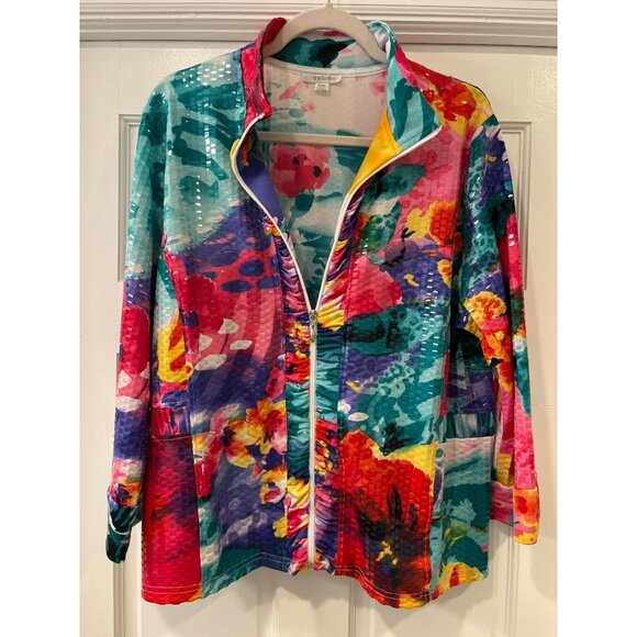 Erin London Bright Floral Glossy Zip Up Fitted Vintage‎ Y2K Size XXL - Picture 1 of 9